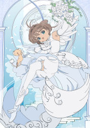 Rule 34 | 1girl, absurdres, antenna hair, armpits, ascot, bloomers, bouquet, brown hair, cardcaptor sakura, commentary, constellation, creature, dress, edoya inuhachi, elbow gloves, flower, full body, gloves, green eyes, highres, holding, holding bouquet, kero (cardcaptor sakura), kinomoto sakura, magic circle, magical girl, open mouth, short hair, sleeveless, sleeveless dress, smile, taurus (constellation), thighhighs, underwear, white bloomers, white flower, white footwear, white gloves, white theme, white thighhighs, white wings, wings