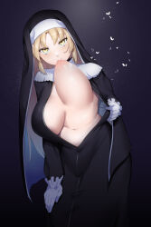Rule 34 | absurdres, black background, blonde hair, breast sucking, breasts, enryuu (rmxs3488), falling petals, gloves, gradient background, highres, large breasts, long hair, looking at viewer, nijisanji, nun, petals, self breast sucking, simple background, sister claire, sister claire (1st costume), stomach, very long hair, virtual youtuber, white gloves, yellow eyes