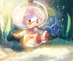 Rule 34 | 1girl, air bubble, alien, b spa gyoreva, bad id, bad pixiv id, blue pikmin, brittany (pikmin), bubble, dappled sunlight, eyelashes, floating, glasses, gloves, helmet, leaf, looking at another, open mouth, pikmin (series), pink gloves, pink hair, pink skirt, pointy ears, pointy nose, red-framed eyewear, sand, seaweed, shady eyes, short hair, skirt, space helmet, spacesuit, sunlight, swimming, third-party source, triangular eyewear, underwater, whistle