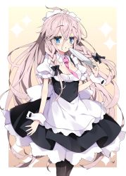 Rule 34 | 1girl, ahoge, apron, black bow, black dress, black pantyhose, blue eyes, blush, bow, braid, breasts, brown background, commentary request, dress, hair between eyes, hair bow, highres, holding, holding tray, ia (vocaloid), long hair, maid, maid headdress, milkpanda, necktie, pantyhose, parted lips, pink hair, pink necktie, puffy short sleeves, puffy sleeves, shirt, short sleeves, small breasts, solo, sparkle, tray, twin braids, two-tone background, very long hair, vocaloid, waist apron, white apron, white background, white shirt, wrist cuffs