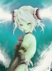 Rule 34 | 1girl, bare back, bare shoulders, commentary request, elbow gloves, epic hair, finger to mouth, floating hair, from side, gloves, light smile, lightning, lightning hair, long hair, looking at viewer, mus-tan, original, pale color, pale skin, solo, twintails, upper body, very long hair, white hair, yellow eyes