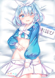 Rule 34 | 1girl, arona (blue archive), bed sheet, blue archive, blue eyes, blue hair, blue shirt, choker, crop top, crop top overhang, groin, hair ribbon, hand on own stomach, highres, long sleeves, looking at viewer, lying, midriff, miniskirt, multicolored hair, navel, on back, open mouth, pleated skirt, ribbon, sailor collar, shirt, short hair, skirt, solo, two-tone hair, white choker, white skirt, yuano