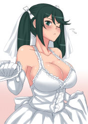 Rule 34 | 10s, 1girl, :&lt;, bad id, bad pixiv id, breasts, bridal veil, cleavage, dress, gloves, gradient background, green eyes, green hair, hand grab, holding hands, huge breasts, isuzu (kancolle), kantai collection, komusou (jinrikisha), looking at viewer, matching hair/eyes, one eye closed, pov, simple background, solo focus, upper body, veil, wedding dress, white background, wink