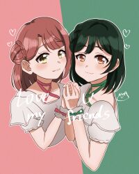 2girls blunt_bangs blush braid bun_with_braided_base collarbone commentary_request cropped_torso fang fang_out green_background green_hair hair_bun half_updo heart highres holding_hands love_live! love_live!_nijigasaki_high_school_idol_club love_u_my_friends medium_hair mifune_shioriko multiple_girls noanekosan official_alternate_costume orange_eyes outline pink_background pink_hair puffy_short_sleeves puffy_sleeves shirt short_sleeves side_braid signature single_side_bun skin_fang song_name swept_bangs two-tone_background uehara_ayumu white_outline white_shirt