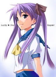 Rule 34 | 00s, 1girl, azu, blue eyes, blue skirt, closed mouth, hiiragi kagami, long hair, looking at viewer, lucky star, neckerchief, pink hair, puffy short sleeves, puffy sleeves, sailor collar, school uniform, serafuku, short sleeves, sidelocks, simple background, skirt, smile, solo, twintails, white background, yellow neckerchief
