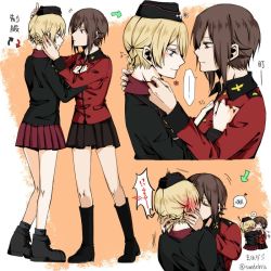 Rule 34 | 10s, 2girls, adjusting another&#039;s clothes, blush, boots, cosplay, costume switch, darjeeling (girls und panzer), closed eyes, garrison cap, girls und panzer, hand on another&#039;s face, hat, heart, kiss, kuromorimine military uniform, multiple girls, multiple views, musical note, nishizumi maho, skirt, spoken blush, st. gloriana&#039;s military uniform, sundebris, surprised, twitter username, yuri