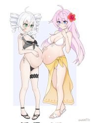 Rule 34 | 2girls, ahoge, belly-to-belly, big belly, bikini, black bikini, breasts, character request, choujigen game neptune, commentary, drill hair, english commentary, flower, front-tie bikini top, front-tie top, hair flower, hair ornament, highres, large breasts, long hair, medium breasts, multiple girls, neptune (series), panties, pink hair, pregnant, side-tie panties, simple background, swimsuit, two-tone background, underwear, vanabette, very long hair, white background, white bikini, white hair