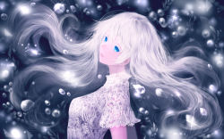 Rule 34 | 1girl, blue eyes, bubble, contrast, eyebrows, eyelashes, floating hair, light particles, lips, long hair, looking at viewer, looking to the side, original, sakimori (hououbds), shirt, solo, upper body, white hair, white shirt, white theme