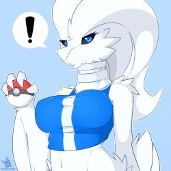 Rule 34 | !, 1girl, artist name, black sclera, blue background, blue eyes, blue shirt, breasts, closed mouth, colored sclera, creatures (company), crop top, drakeraynier(artist), expressionless, furry, furry female, game freak, gen 5 pokemon, highres, large breasts, legendary pokemon, long hair, looking at viewer, midriff, navel, nintendo, poke ball, pokemon, reshiram, shirt, simple background, sleeveless, solo, spoken exclamation mark, upper body, white hair