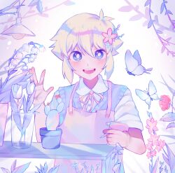 Rule 34 | 1boy, apron, basil (faraway) (omori), basil (omori), blonde hair, blue eyes, blush, bottle, bright pupils, cactus, ceiling light, character name, flower, hair flower, hair ornament, highres, iro (mywife sunny), looking at viewer, omori, open mouth, pastel colors, shelf, short hair, short sleeves, smile, solo, spray bottle, teeth, upper teeth only, white pupils