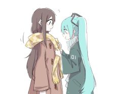 Rule 34 | 2girls, aqua eyes, blush, brown coat, checkered clothes, checkered scarf, coat, from side, green coat, green scarf, hatsune miku, long hair, looking at another, master (vocaloid), multiple girls, nejikyuu, scarf, smile, twintails, tying, upper body, vocaloid, white background, yellow scarf