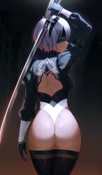 Rule 34 | 1girl, 2b (nier:automata), arm up, ass, back cutout, black hair, black hairband, black thighhighs, blindfold, breasts, closed mouth, clothing cutout, cowboy shot, from behind, hairband, highleg, highleg leotard, highres, holding, holding sword, holding weapon, katana, large breasts, leotard, long sleeves, looking to the side, nier:automata, nier (series), short hair, solo, sword, thighhighs, thong leotard, weapon, white hair, yisusjpl