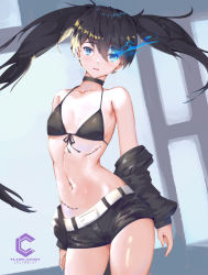 Rule 34 | 1girl, absurdres, belt, bikini, bikini top only, black bikini, black choker, black hair, black rock shooter, black rock shooter (character), black shorts, blue eyes, breasts, choker, cleavage, collarbone, contrapposto, flaming eye, floating hair, front-tie bikini top, front-tie top, hair between eyes, highres, long hair, looking at viewer, open mouth, scar, shiny skin, short shorts, shorts, small breasts, solo, swimsuit, twintails, very long hair, white belt, yan guang aoxiang