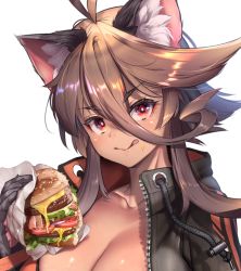 Rule 34 | 1girl, ahoge, animal ear fluff, animal ears, antenna hair, breasts, brown hair, burger, cat ears, cat tail, cheese, cleavage, drawstring, food, food on face, fur, grey fur, hair between eyes, holding, holding food, jacket, lettuce, licking lips, long hair, looking at viewer, original, red eyes, smile, solo, tail, tomato, tongue, tongue out, upper body, white background, yagatake arashi, yana (nekoarashi)