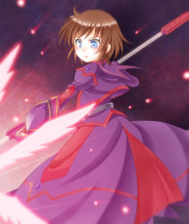 Rule 34 | 1girl, blue eyes, brown hair, dress, fingerless gloves, gloves, long sleeves, luciferion, lyrical nanoha, magical girl, mahou shoujo lyrical nanoha, mahou shoujo lyrical nanoha a&#039;s, mahou shoujo lyrical nanoha a&#039;s portable: the battle of aces, stern the destructor, open mouth, pucho, puffy sleeves, short hair, solo, wings