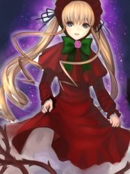Rule 34 | 00s, 1girl, blonde hair, blue eyes, bonnet, bow, bowtie, cowboy shot, dress, drill hair, flower, frills, green bow, green bowtie, hair ribbon, long hair, long sleeves, looking at viewer, plant, red dress, ribbon, rose, rozen maiden, shinku, sidelocks, smile, solo, thorns, twintails, vines, wide sleeves