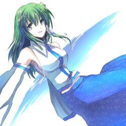Rule 34 | 1girl, bare shoulders, blue skirt, breasts, collared shirt, commentary, detached sleeves, dutch angle, feet out of frame, floating hair, frog hair ornament, green hair, hair between eyes, hair ornament, kochiya sanae, long hair, medium breasts, onimaru gonpei, open mouth, shirt, sideboob, single hair tube, skirt, smile, snake hair ornament, solo, touhou, white background, white shirt, yellow eyes