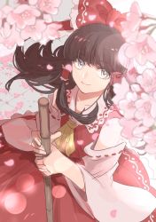 Rule 34 | 1girl, bare shoulders, blunt bangs, bow, broom, brown hair, cherry blossoms, closed mouth, collarbone, collared shirt, detached sleeves, floating hair, flower, frilled bow, frilled shirt collar, frills, grey eyes, hair bow, hair tubes, hakurei reimu, highres, holding, holding broom, kerok (joniko1110), long hair, long sleeves, looking at viewer, looking up, outdoors, petals, red bow, red ribbon, red shirt, red skirt, ribbon, ribbon-trimmed sleeves, ribbon trim, shirt, sidelocks, skirt, skirt set, sleeveless, sleeveless shirt, smile, solo, stone floor, sweeping, tile floor, tiles, touhou, wide sleeves, yellow neckwear