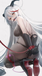 Rule 34 | 1girl, absurdres, aegir (azur lane), azur lane, backless outfit, ball gag, bodystocking, bound, bound arms, bound legs, demon horns, from behind, gag, hair on horn, high heels, highres, horns, kneeling, lin jingling, long hair, looking at viewer, looking back, middle finger, multicolored hair, red hair, remote control vibrator, restrained, rope, sex toy, streaked hair, thong, underwear, vibrator, white hair, yellow eyes