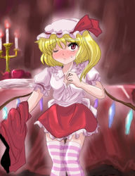 Rule 34 | 1girl, blonde hair, blush, candle, candlestand, collared shirt, female focus, flandre scarlet, flx, hat, mob cap, one eye closed, one side up, ponytail, red eyes, shirt, side ponytail, solo, striped clothes, striped thighhighs, thighhighs, touhou, undressing, vampire, white hat, wings, wink