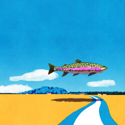 Rule 34 | absurdres, blue sky, building, cloud, day, fish, highres, iida kento, mountain, no humans, original, outdoors, rainbow trout, road, scenery, shadow, sky, trout