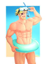 Rule 34 | 1boy, :d, abs, absurdres, alternate costume, alternate hairstyle, bara, beard, bulge, diving mask, diving mask on head, eyepatch, facial hair, feet out of frame, goggles, goggles on head, green hair, highres, innertube, large pectorals, leon (world flipper), ln 9 (8672058), looking at viewer, male focus, male swimwear, mature male, multicolored hair, muscular, muscular male, navel, nipples, open mouth, pectorals, short hair, smile, solo, stomach, swept bangs, swim briefs, swim ring, thick thighs, thighs, topless male, two-tone hair, wet, white male swimwear, world flipper