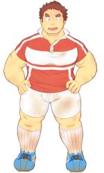 Rule 34 | 1boy, 3c pan, bara, blush, brown hair, bulge, dirty, dirty clothes, facial hair, facial scar, full body, tamamura gunzo, hands on own hips, highres, large pectorals, long sideburns, male focus, muscular, muscular male, open mouth, pectorals, red shirt, rugby uniform, scar, scar on arm, scar on cheek, scar on face, shirt, shoes, short hair, shorts, sideburns, sneakers, socks, solo, spiked hair, sportswear, stubble, sweatdrop, thick eyebrows, thick thighs, thighs, tight clothes, tight shirt, tokyo houkago summoners, transparent background, white shorts, wide-eyed