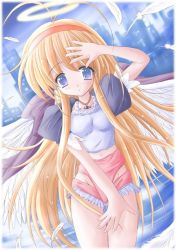 Rule 34 | 1girl, ahoge, angel, blonde hair, blue eyes, blush, cityscape, cross, cross necklace, feathers, frills, groin, halo, jewelry, long hair, looking at viewer, midriff, navel, necklace, short shorts, shorts, solo, wings