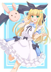 Rule 34 | 1girl, :d, apron, black bow, black hairband, black ribbon, blonde hair, blue background, blue dress, blush, bow, collared dress, commentary, dress, drop shadow, feet out of frame, frilled apron, frills, green eyes, hair ribbon, hairband, hands up, highres, looking at viewer, mononobe alice, mononobe alice (1st costume), nijisanji, open mouth, puffy short sleeves, puffy sleeves, ribbon, short sleeves, smile, solo, standing, standing on one leg, two-tone background, virtual youtuber, white apron, white background, x-6