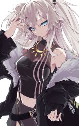 1girl arm_up black_jacket black_nails black_shirt black_skirt blue_eyes breasts cleavage closed_mouth ear_piercing fur-trimmed_jacket fur_trim hair_between_eyes highres hiyashinssu hololive jacket lips long_hair long_sleeves looking_at_viewer medium_breasts midriff nail_polish navel open_clothes open_jacket piercing see-through_clothes see-through_cleavage shirt shishiro_botan shishiro_botan_(1st_costume) silver_hair simple_background skirt sleeveless sleeveless_shirt solo virtual_youtuber zipper