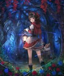 Rule 34 | 1girl, basket, big bad wolf, black hair, blue flower, blue rose, bread, flower, food, forest, from behind, lantern, little red riding hood, little red riding hood (grimm), looking back, nature, nigoro, red eyes, red flower, red rose, rose, short hair, solo, tree