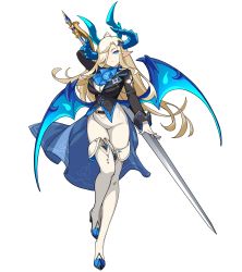 Rule 34 | 1girl, absurdres, blonde hair, blue eyes, blue horns, blue wings, breasts, demon girl, expressionless, full body, game cg, gloves, guardian tales, hair over one eye, highres, holding, holding sword, holding weapon, horns, huge weapon, large breasts, long hair, looking at viewer, navel, noble succubus bianca, official art, pointy ears, standing, sword, transparent background, weapon, white gloves, white legwear, wings