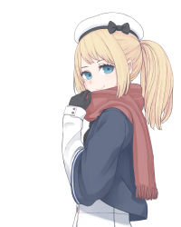 Rule 34 | 1girl, adapted costume, alternate hairstyle, black jacket, blonde hair, blue eyes, commentary request, dress, hat, highres, jacket, jervis (kancolle), kantai collection, looking at viewer, ponytail, red scarf, sailor dress, sailor hat, scarf, simple background, smile, solo, taira (tatairara), upper body, white background, white hat