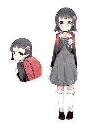 Rule 34 | 10s, 1girl, alternate costume, arare (kancolle), backpack, bad id, bad nicoseiga id, bag, black footwear, black hair, brown eyes, commentary request, dress, flower, hair flower, hair ornament, highres, kantai collection, kneehighs, long sleeves, looking at viewer, looking back, ooyama imo, randoseru, ribbon, school uniform, shoes, short hair, simple background, socks, solo, white background, white socks