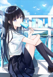 Rule 34 | 1girl, absurdres, black footwear, black hair, black sailor collar, black skirt, black socks, blue eyes, blue sky, blurry, blurry background, cloud, commentary request, day, depth of field, feet out of frame, food, from side, has bad revision, has downscaled revision, highres, holding, holding food, hugging own legs, iren lovel, long hair, looking at viewer, looking to the side, md5 mismatch, original, outdoors, pleated skirt, popsicle, resolution mismatch, sailor collar, school uniform, serafuku, skirt, sky, socks, solo, source smaller, very long hair, water