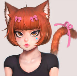 Rule 34 | 1girl, animal ears, black shirt, blush, bow, cat ears, cat girl, freckles, hair bow, lips, looking at viewer, orange eyes, orange hair, original, pink bow, randy (awesomevillage), shirt, solo, tail, tail bow, tail ornament, upper body