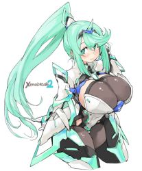 Rule 34 | 1girl, blush, breasts, cleavage, covered navel, elbow gloves, gem, gloves, green eyes, green hair, hair ornament, headpiece, huge breasts, jewelry, long hair, nintendo, pantyhose, pneuma (xenoblade), ponytail, sachito, solo, spandex, spoilers, swept bangs, thighhighs, thighs, tiara, unicorn, very long hair, xenoblade chronicles (series), xenoblade chronicles 2