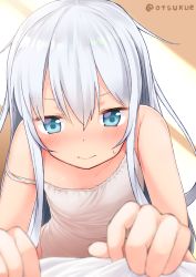 Rule 34 | 1girl, blue eyes, blush, breasts, closed mouth, dx (dekusu), hair between eyes, hibiki (kancolle), highres, kantai collection, looking at viewer, shirt, silver hair, small breasts, solo, sunlight