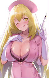 Rule 34 | 1girl, :p, absurdres, bishooji, black bra, blonde hair, bra, breasts, bright pupils, cleavage, covered navel, elbow gloves, gloves, hand on own chest, hat, highres, holding, holding syringe, large breasts, long hair, looking at viewer, nurse, nurse cap, one eye closed, pink shirt, shirt, shokuhou misaki, solo, sparkle, sparkling eyes, star-shaped pupils, star (symbol), symbol-shaped pupils, syringe, toaru kagaku no railgun, toaru majutsu no index, toaru majutsu no index gaiden: toaru kagaku no mental out, tongue, tongue out, underwear, upper body, white gloves, yellow eyes, yellow pupils