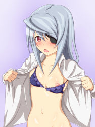 Rule 34 | 10s, 1girl, bikini, bikini top only, blush, body blush, collarbone, dress shirt, eyepatch, female focus, flat chest, hair between eyes, highres, hip focus, infinite stratos, laura bodewig, long hair, looking at viewer, mei ichi, navel, nipple slip, nipples, open clothes, open mouth, open shirt, out-of-frame censoring, purple background, red eyes, shirt, silver hair, simple background, solo, standing, swimsuit