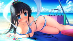 Rule 34 | 1girl, arm support, ass, bare legs, bare shoulders, barefoot, beach, bikini, black hair, blue bikini, blue eyes, blush, breasts, butt crack, cleavage, cloud, collarbone, floral print, hair ornament, large breasts, long hair, looking at viewer, lying, magical marriage lunatics!!, mitsu no tama yori hime, navel, o-ring, o-ring bottom, on side, ponytail, sky, solo, swimsuit, thermos, thigh gap, very long hair, wet, yamakaze ran
