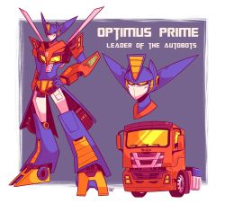 Rule 34 | autobot, character name, character sheet, commentary, english commentary, enzomus prime, hand on own hip, highres, isuzu motors, mecha, motor vehicle, multiple views, no humans, optimus prime, orange eyes, redesign, robot, science fiction, transformers, truck