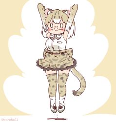 Rule 34 | 1girl, animal ears, arms up, belt, bow, bowtie, cat ears, cat girl, cat tail, coroha, elbow gloves, extra ears, full body, glasses, gloves, grey background, grey hair, jumping, kemono friends, long hair, looking at viewer, margay (kemono friends), shirt, shoes, simple background, skirt, sleeveless, sleeveless shirt, solo, tail, thighhighs