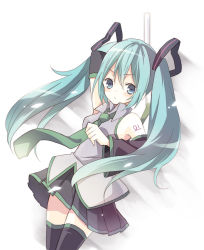 Rule 34 | 1girl, aqua eyes, aqua hair, bad id, bad pixiv id, detached sleeves, female focus, gradient background, hatsune miku, long hair, necktie, otototo, skirt, solo, spring onion, thighhighs, twintails, very long hair, vocaloid, white background