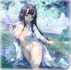 Rule 34 | 1girl, bathrobe, blush, breasts, brown eyes, collarbone, commentary request, convenient censoring, day, green eyes, horns, large breasts, long hair, long sleeves, miyano ururu, mouth hold, naked robe, navel, no bra, no panties, oni, oni horns, original, outdoors, pointy ears, river, robe, see-through, solo, standing, very long hair, wading, water, wet, wet clothes, white robe