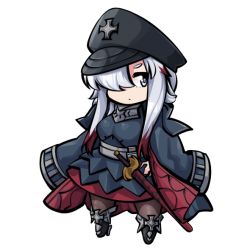 Rule 34 | 1girl, armor, armored skirt, azur lane, black coat, blue eyes, breastplate, chibi, coat, cross, full body, hair over one eye, hat, iron cross, military hat, multicolored coat, multicolored hair, odin (azur lane), open clothes, open coat, padded coat, pantyhose, peaked cap, red coat, red hair, simple background, solo, streaked hair, sugoidere, sword, transparent background, two-tone coat, two-tone hair, weapon, white hair