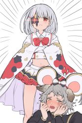 Rule 34 | 1boy, 1girl, animal ears, blush, breasts, closed mouth, collared shirt, cosplay, costume switch, crossed arms, ears down, embarrassed, emphasis lines, erune, fake animal ears, flying sweatdrops, frown, glint, granblue fantasy, grey eyes, greyscale, half mask, highres, looking at viewer, mask, medium breasts, midriff, miniskirt, mole, mole under eye, monochrome, navel, red eyes, seox (granblue fantasy), shirt, skirt, solo focus, standing, tearing up, uuruung, vikala (granblue fantasy), wavy mouth, white shirt, wide sleeves