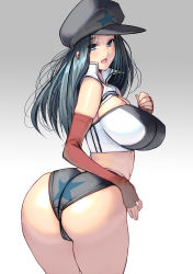 Rule 34 | 1girl, absurdres, ass, black hair, blue eyes, breasts, elbow gloves, fingerless gloves, gloves, grey background, hat, highres, kouno (masao), large breasts, long hair, midriff, open mouth, original, red gloves, solo