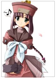 Rule 34 | 1girl, braid, cherry blossoms, dress, female focus, framed, green eyes, happy, hat, highres, jiangshi, long hair, long sleeves, looking at viewer, munak, musical note, ponytail, purple hair, ragnarok online, ribbon, simple background, smile, solo, standing, uniform, v arms, white background