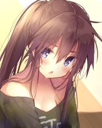Rule 34 | 1girl, bare shoulders, blue eyes, blush, breasts, brown hair, cleavage, long hair, looking at viewer, loose clothes, medium breasts, messy hair, open mouth, original, ponytail, shirt, solo, sweat, t-shirt, upper body, usamata